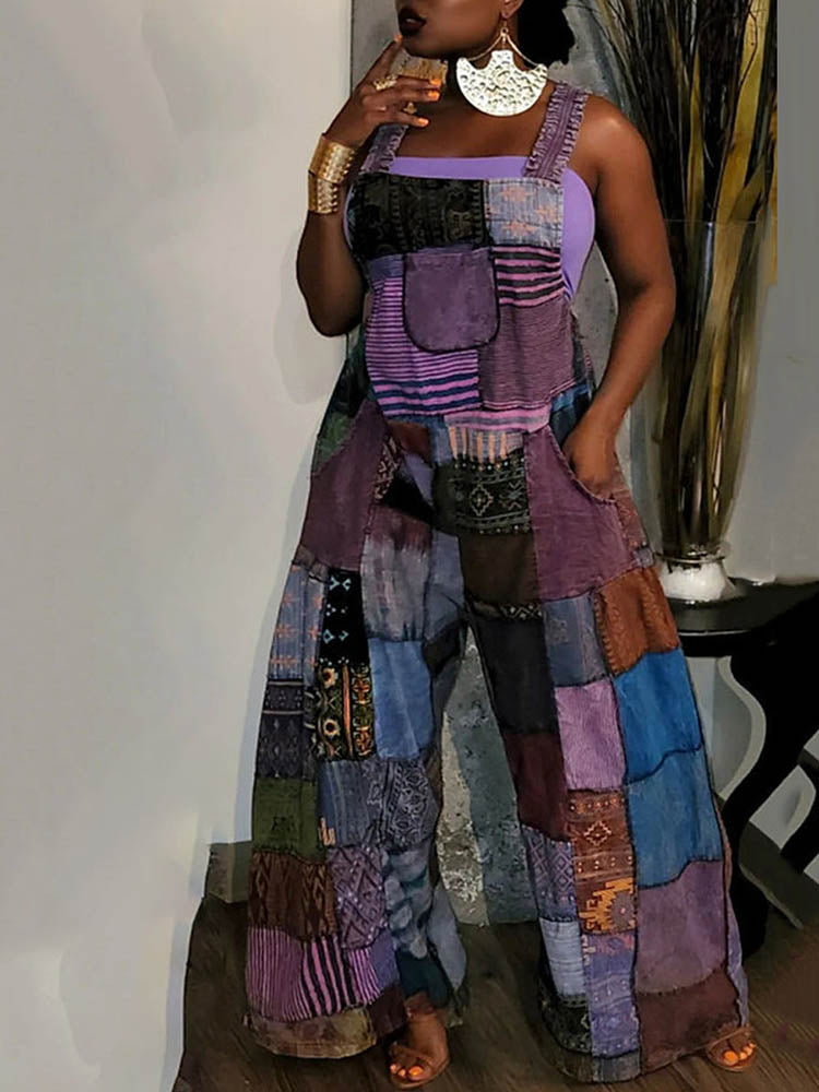Casual Patchwork Loose Overalls