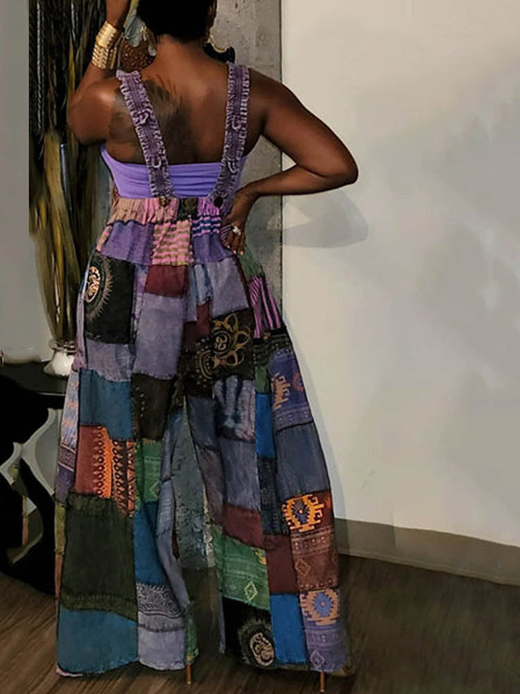 Casual Patchwork Loose Overalls