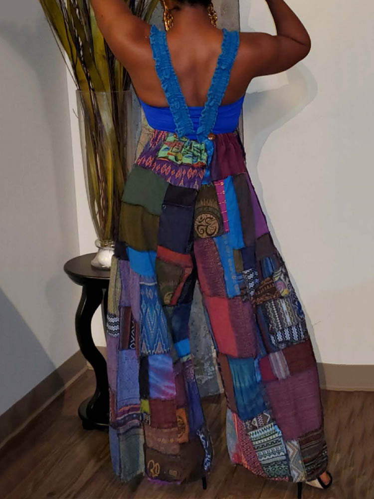 Casual Patchwork Loose Overalls