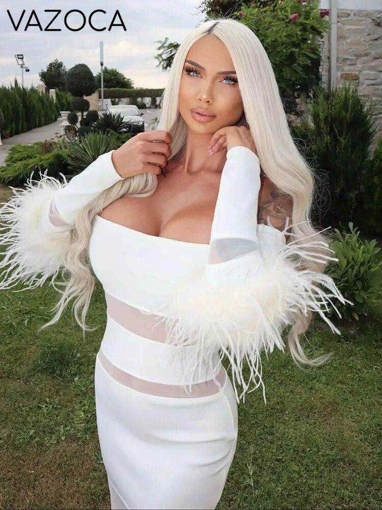 Luxury Feather Bandage Midi Dress