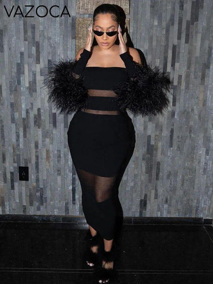 Luxury Feather Bandage Midi Dress