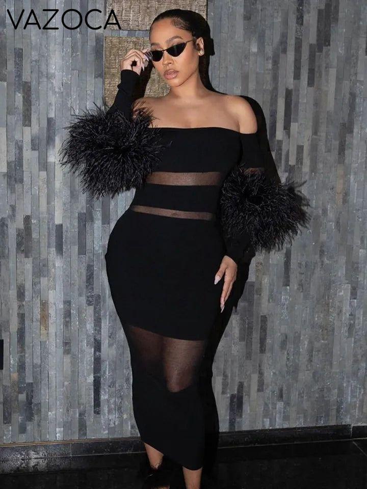 Luxury Feather Bandage Midi Dress