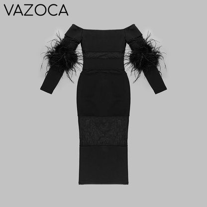 Luxury Feather Bandage Midi Dress