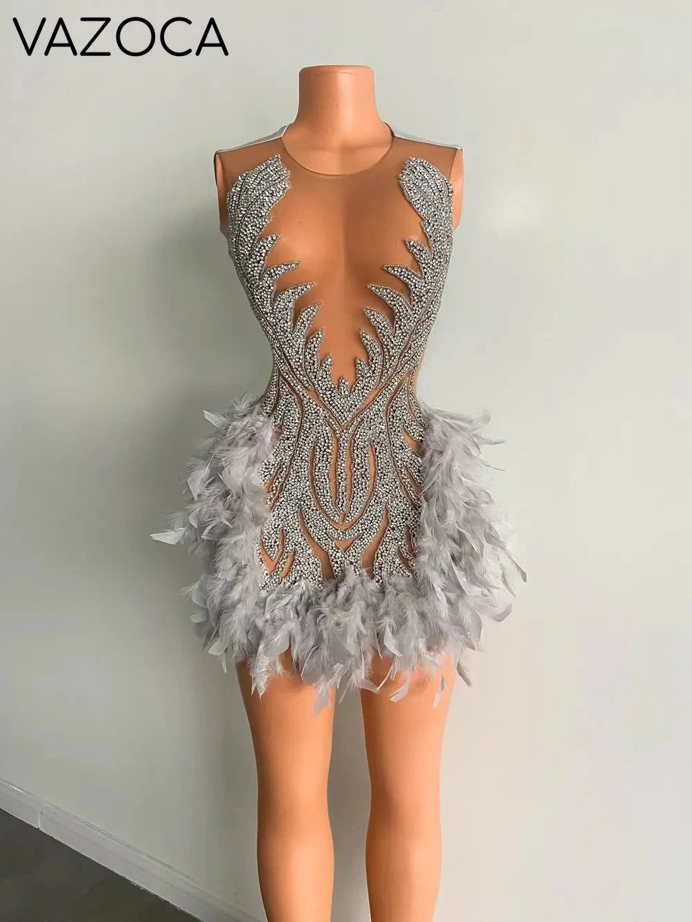 Luxury Sheer Cocktail Feather Dress