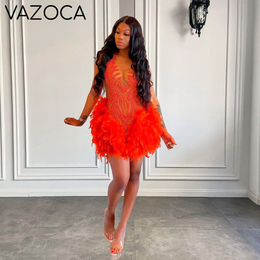 Luxury Sheer Cocktail Feather Dress