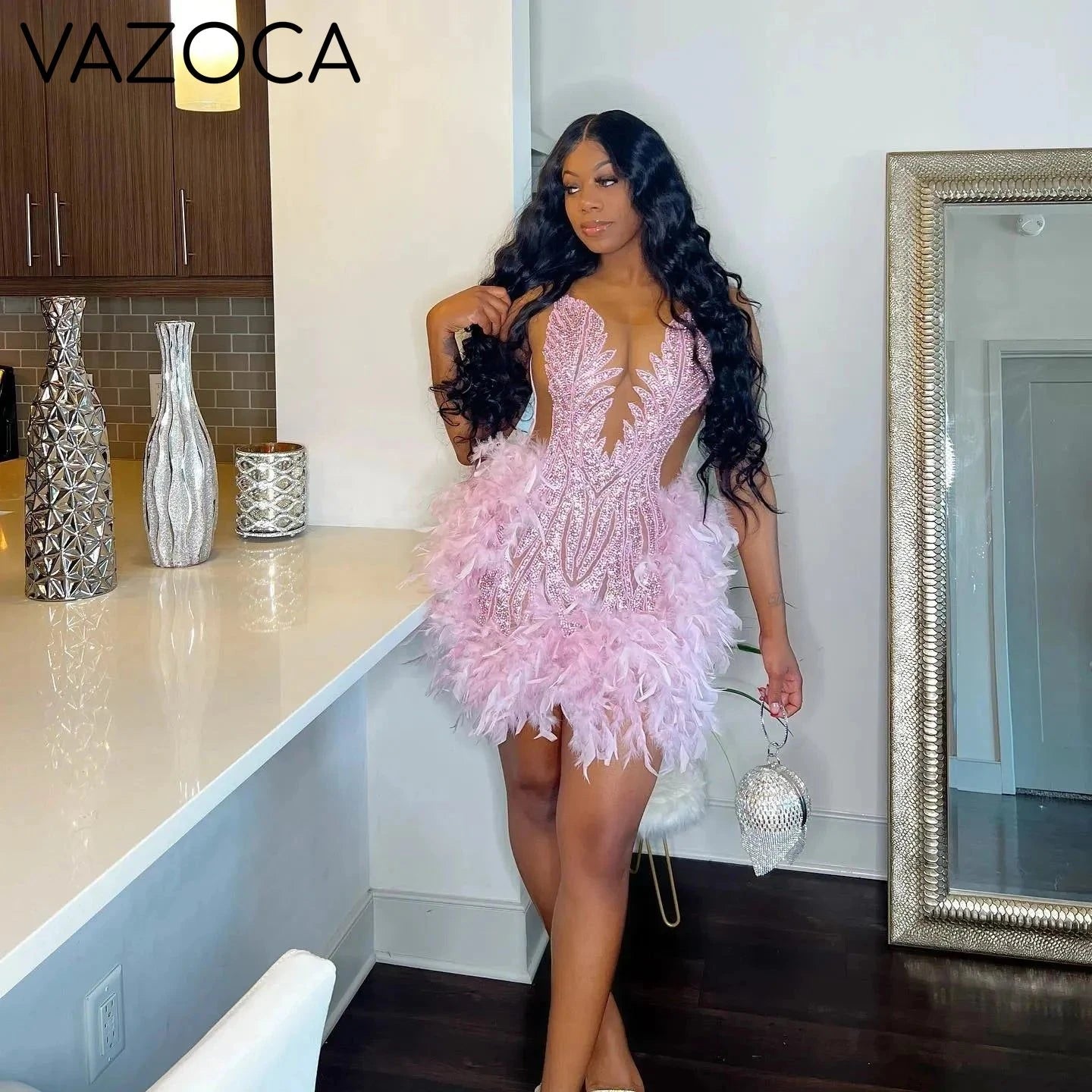 Luxury Sheer Cocktail Feather Dress