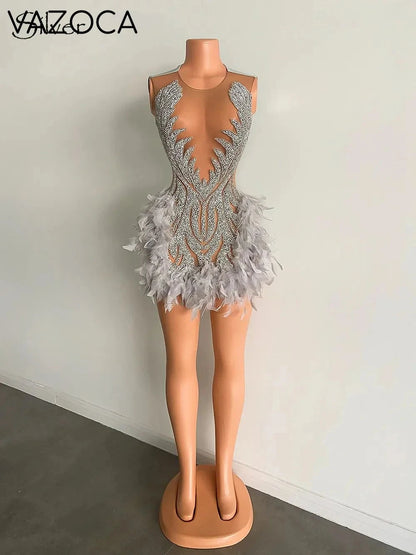 Luxury Sheer Cocktail Feather Dress