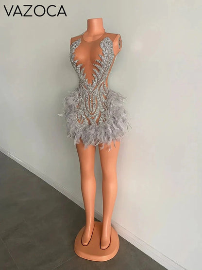Luxury Sheer Cocktail Feather Dress