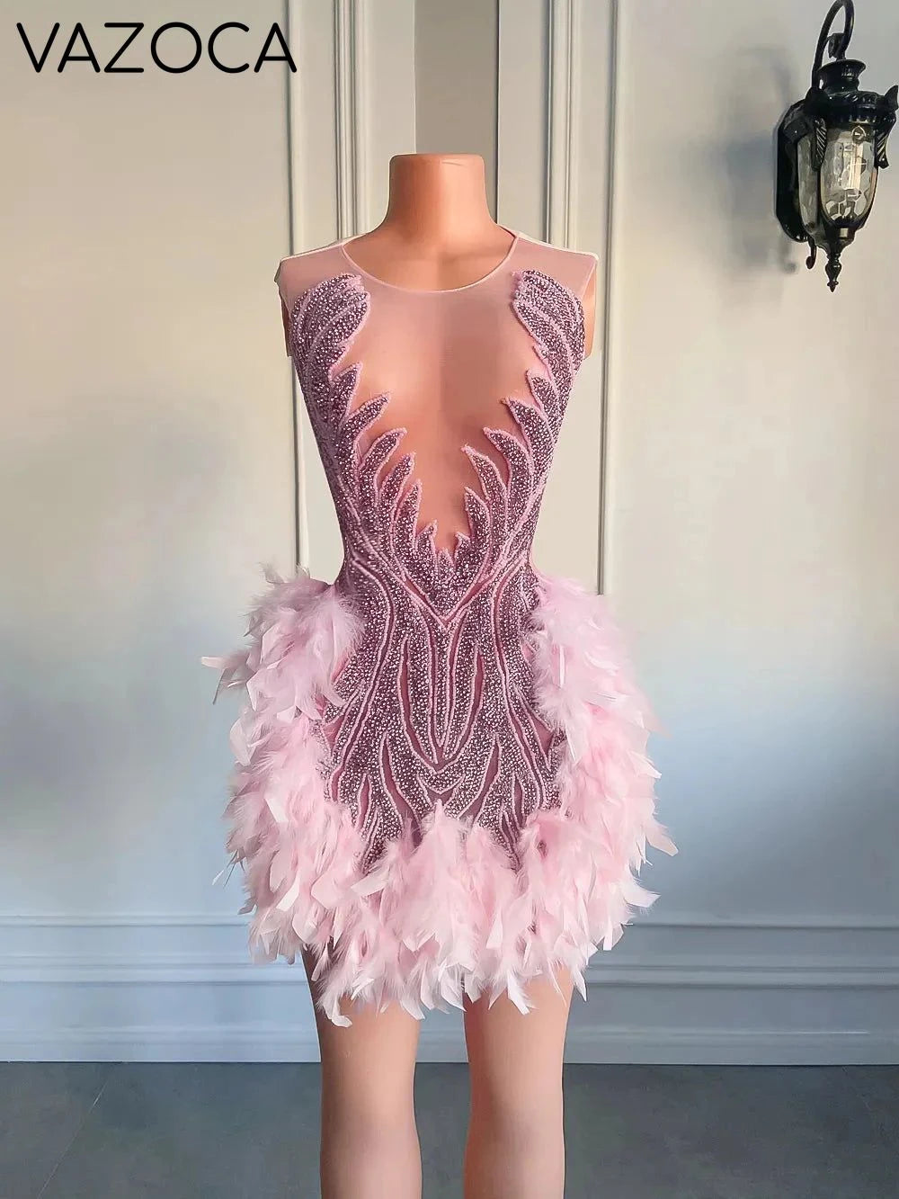 Luxury Sheer Cocktail Feather Dress