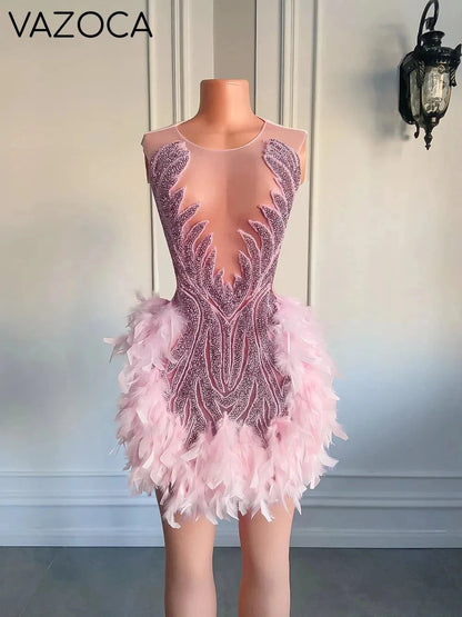 Luxury Sheer Cocktail Feather Dress