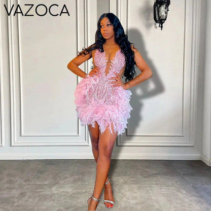 Luxury Sheer Cocktail Feather Dress