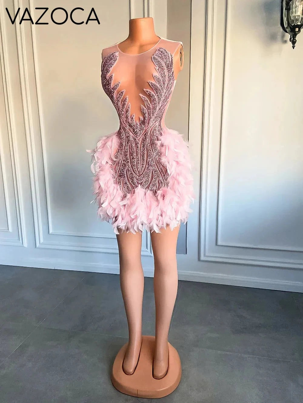 Luxury Sheer Cocktail Feather Dress