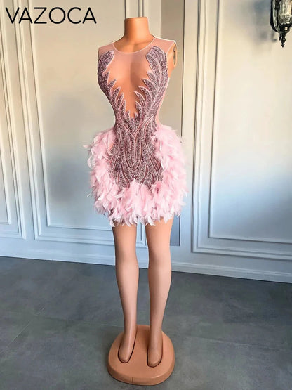 Luxury Sheer Cocktail Feather Dress