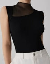 Mesh Patchwork Sleeveless Top Black M