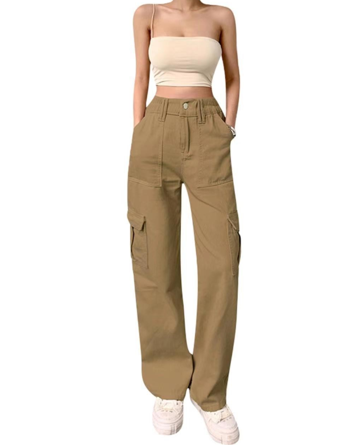 Multi-Pocket Workwear Straight Trousers High Waist Slim Loose Jeans for Women Peru