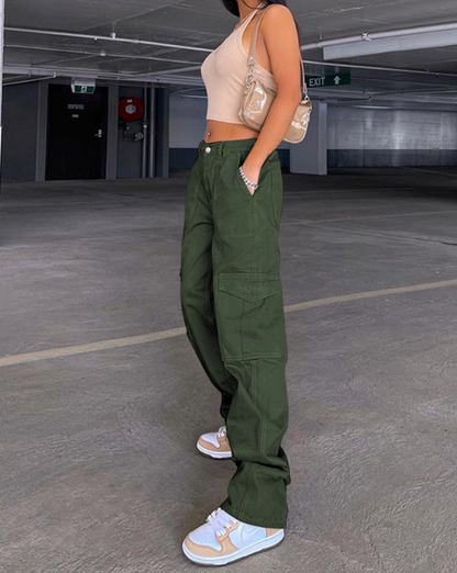 Multi-Pocket Workwear Straight Trousers High Waist Slim Loose Jeans for Women Olive