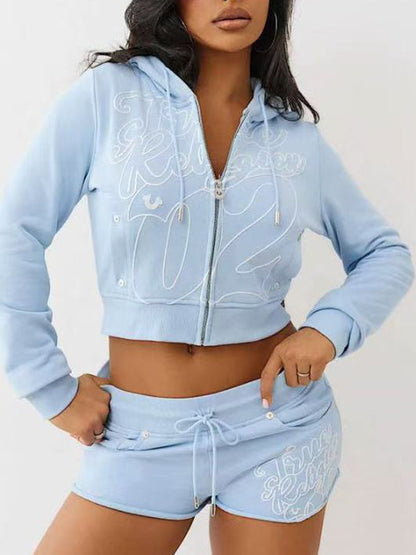Printed Zip-Front Hoodie & Shorts Set