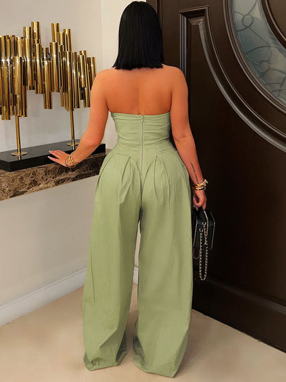 Strapless Button Wide Jumpsuit