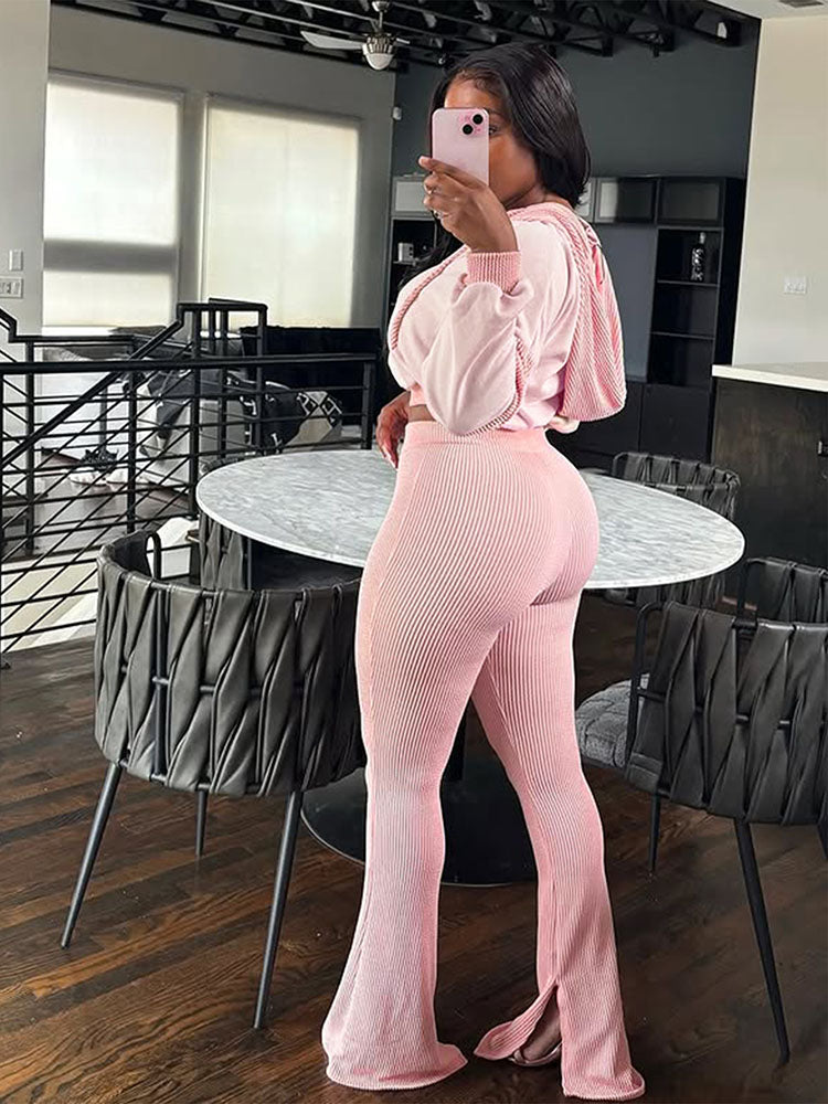 Textured Hooded Top & Flared Pants Set