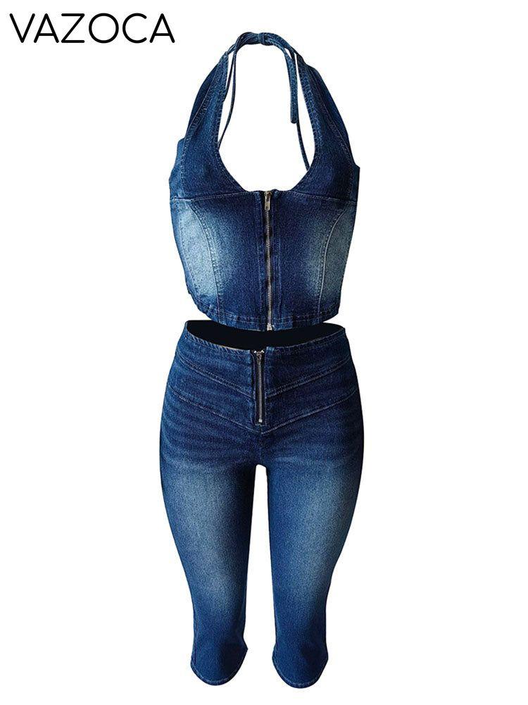 Denim Halter Crop Top & Capri Set