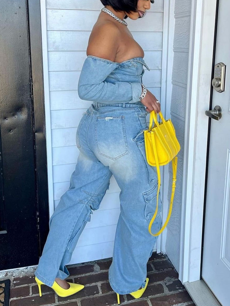 Off Shoulder Denim Cargo Jumpsuit
