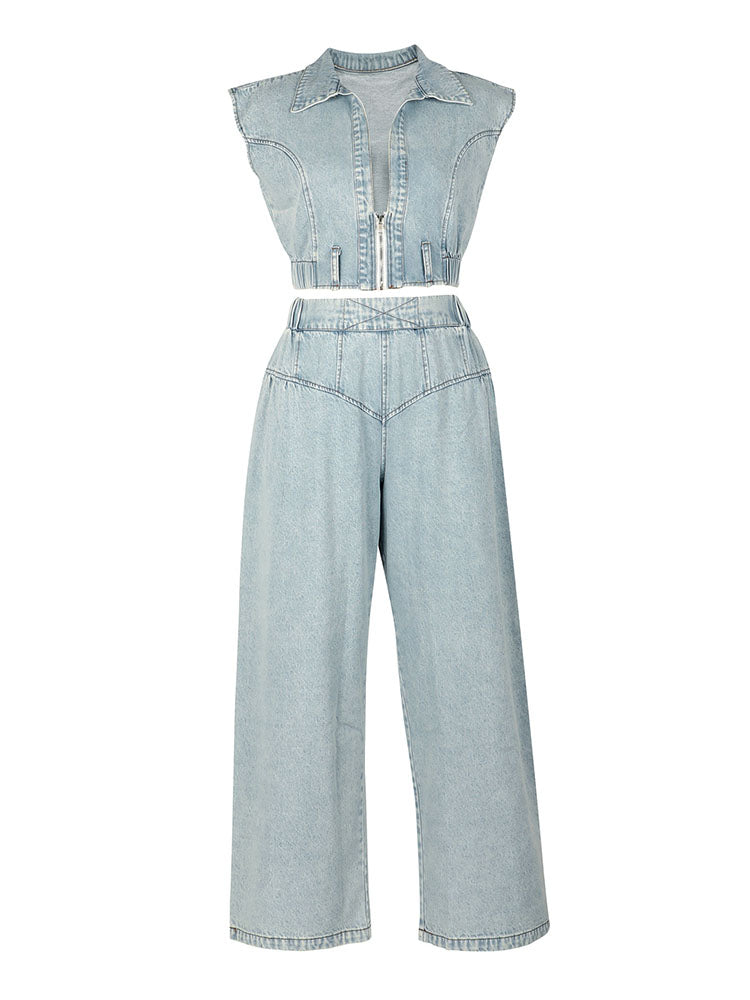 Denim Zip-Up Top & Wide Pants Set