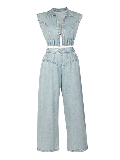 Denim Zip-Up Top & Wide Pants Set