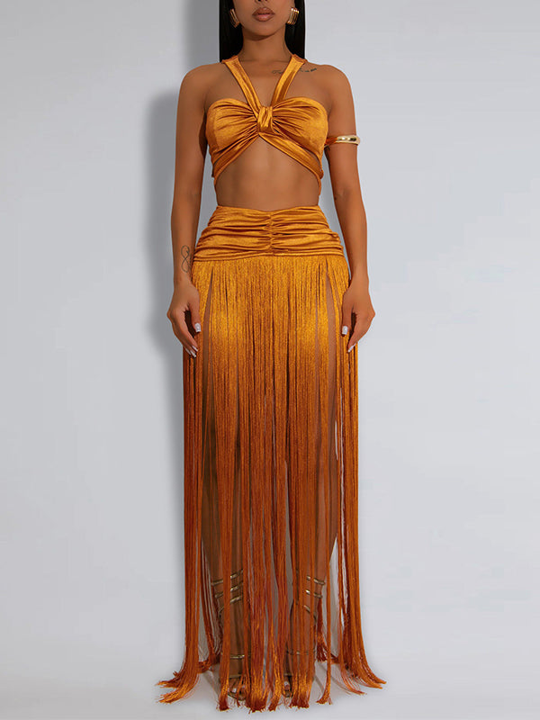 Solid Fringe Top & Skirt Set