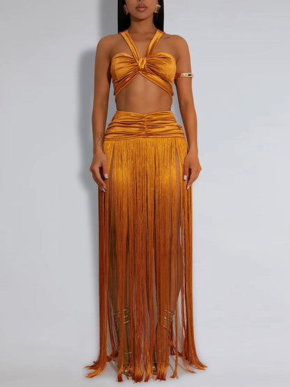 Solid Fringe Top & Skirt Set