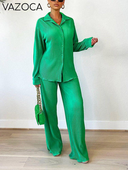 Pleated Shirt & Wide Pants Set