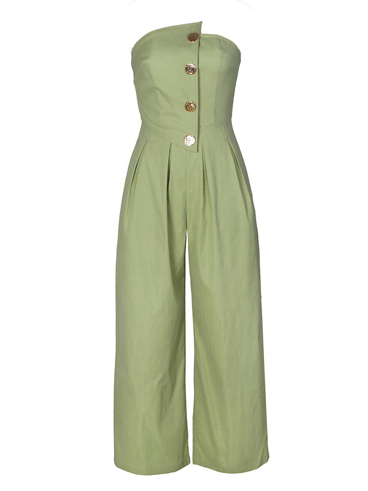 Strapless Button Wide Jumpsuit