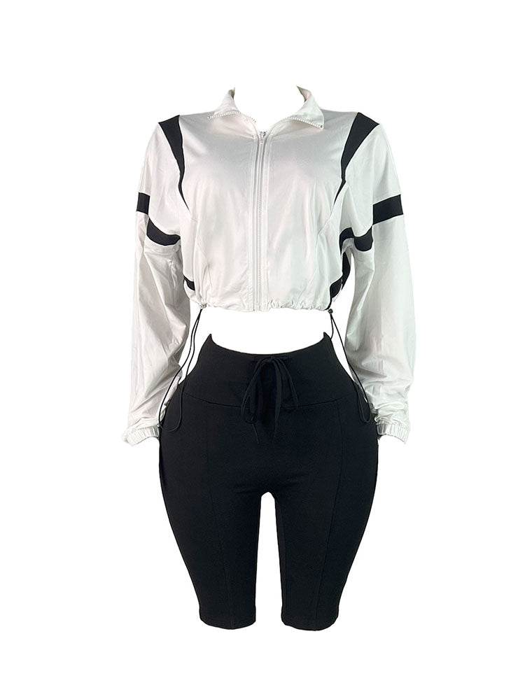 Contrast Crop Jacket & Biker Shorts Set