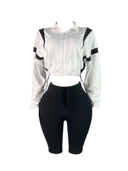 Contrast Crop Jacket & Biker Shorts Set