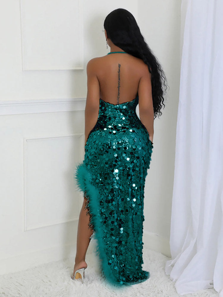 Sequin Fur Slit Dress