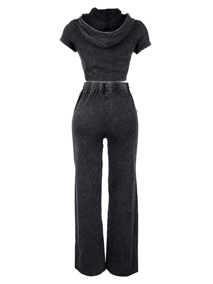 Washed Crop Hoodie & Wide Pants Set