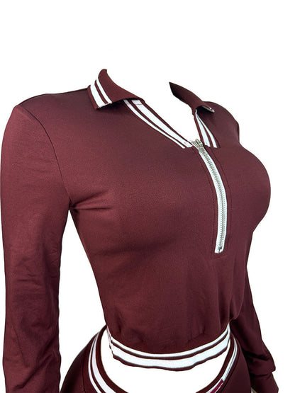 Contrast Polo Crop Top & Flared Pants Set