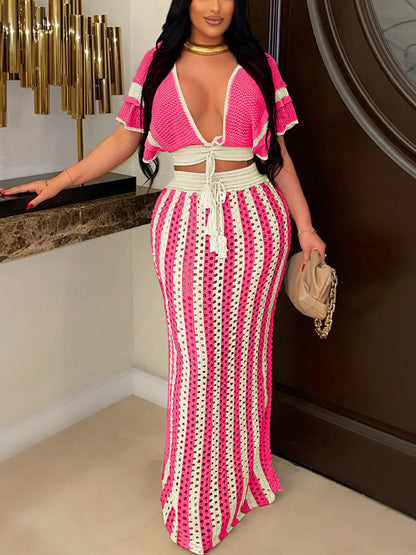 Breezy Crochet Stripe Skirt Set