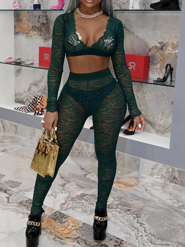 Lace V-Neck Crop Top & Pants Set
