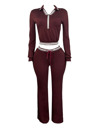Contrast Polo Crop Top & Flared Pants Set