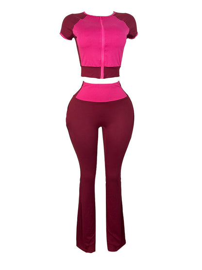 Sporty Contrast Top & Flared Pants Set