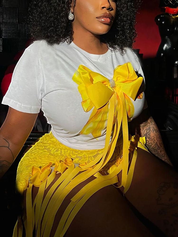 Bow Crop Top & Lace Shorts Set