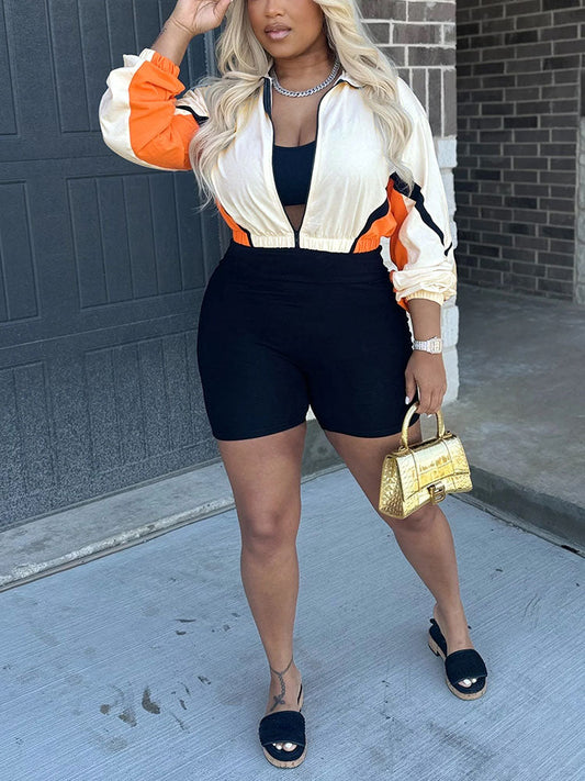 Colorblock Zip-Up Jacket & Biker Shorts Set