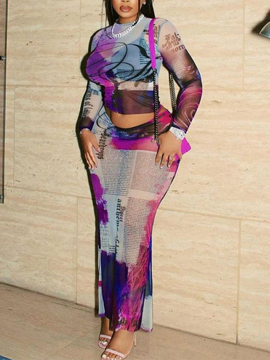 Printed Sheer Top & Skirt Set