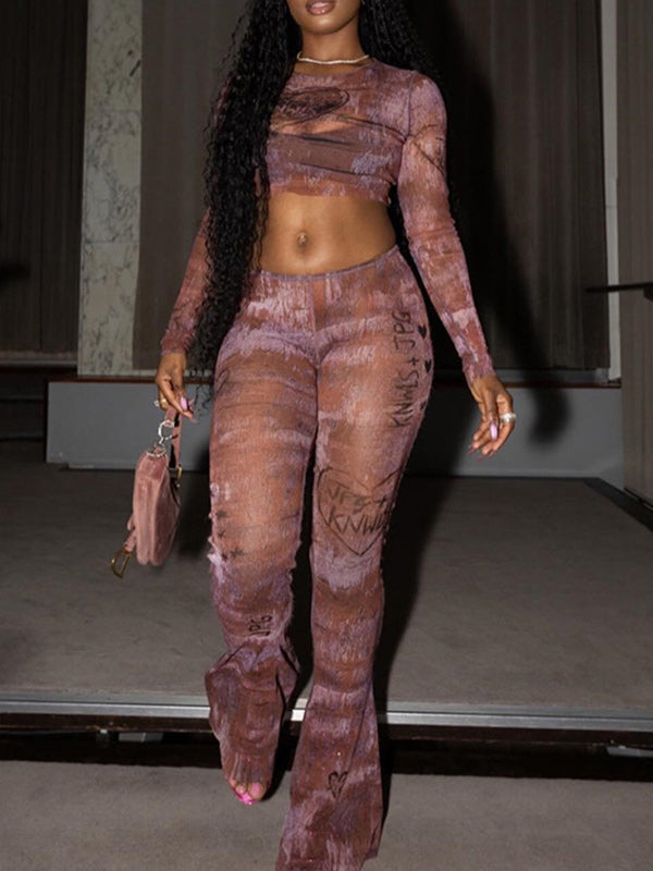Printed Sheer Crop Top & Flared Pants Set