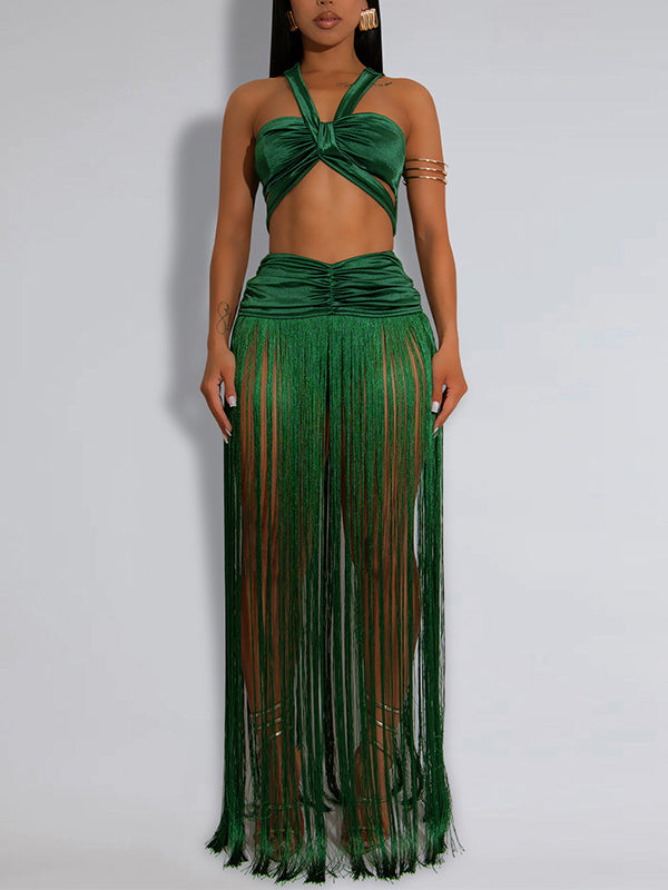 Solid Fringe Top & Skirt Set