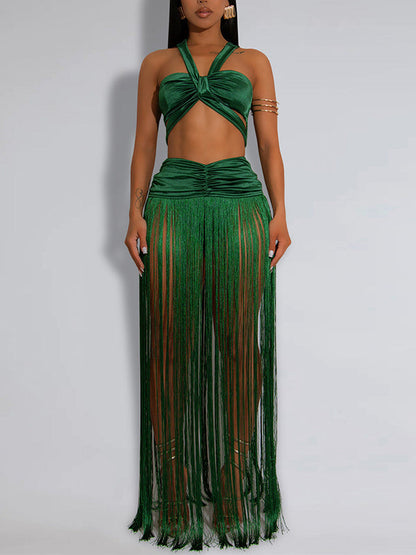 Solid Fringe Top & Skirt Set