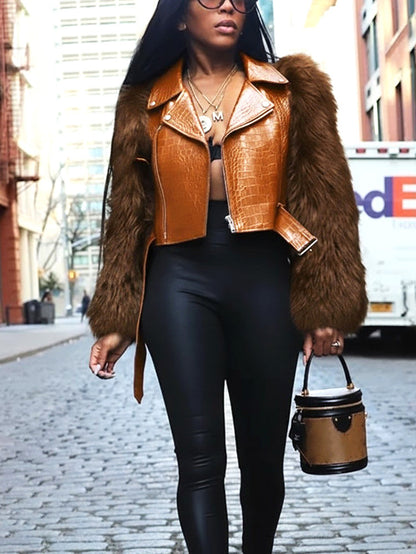 Faux Fur Sleeve & Croc-Embossed Jacket