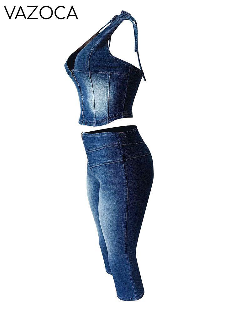 Denim Halter Crop Top & Capri Set