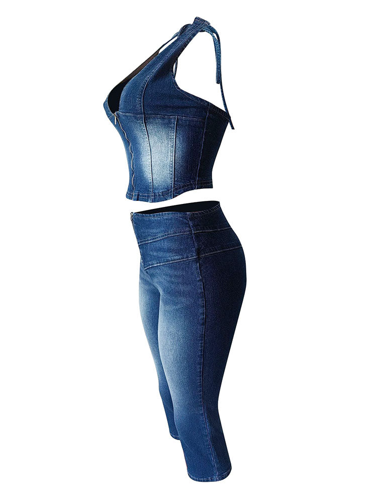 Denim Halter Crop Top & Capri Set