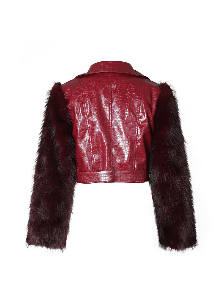 Faux Fur Sleeve & Croc-Embossed Jacket
